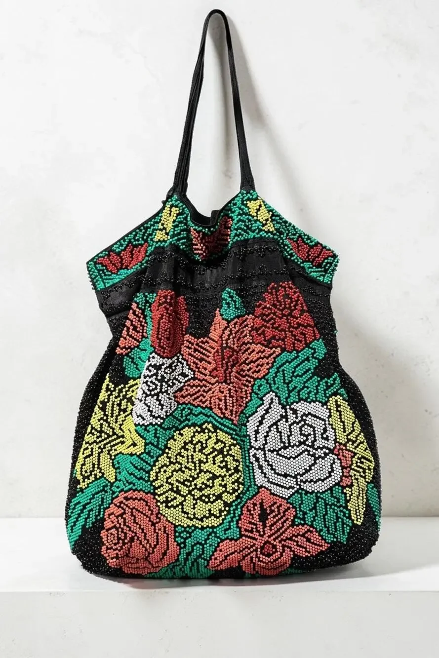 Vtg 1970s Neon Caviar Beadette Floral Handbag Retro Bouquet Satchel Tote Bag